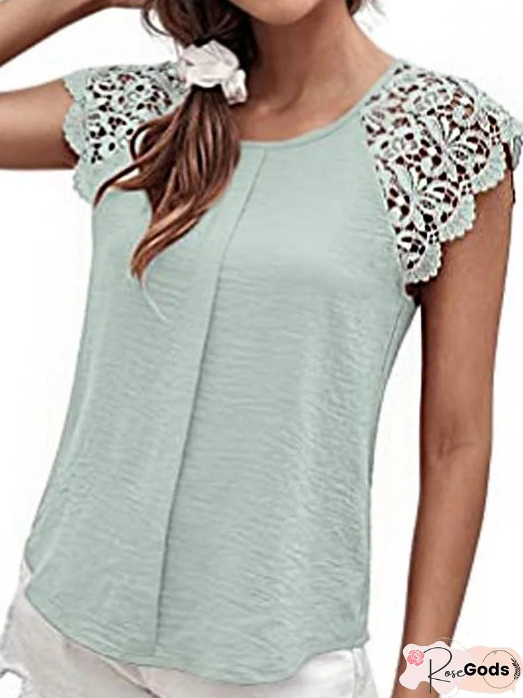 Casual Round Neck Solid Color Stitching Lace Short Sleeves Blouse