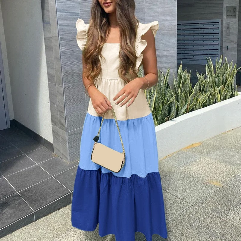 Celmia 2021 Summer Long Dress Vintage Women Ruffled Color Patchwork Party Sundress Casual Loose Pleated Beach Maxi Vestidos Robe