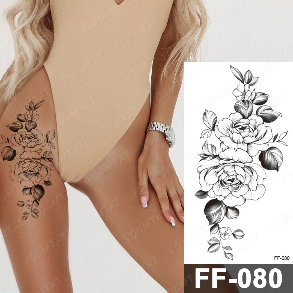Waterproof Temporary Tattoo Stickers Peony Rose Flower Gun Flash Tattoos Female Black Sketch Body Art Arm Sexy Fake Tatto Male