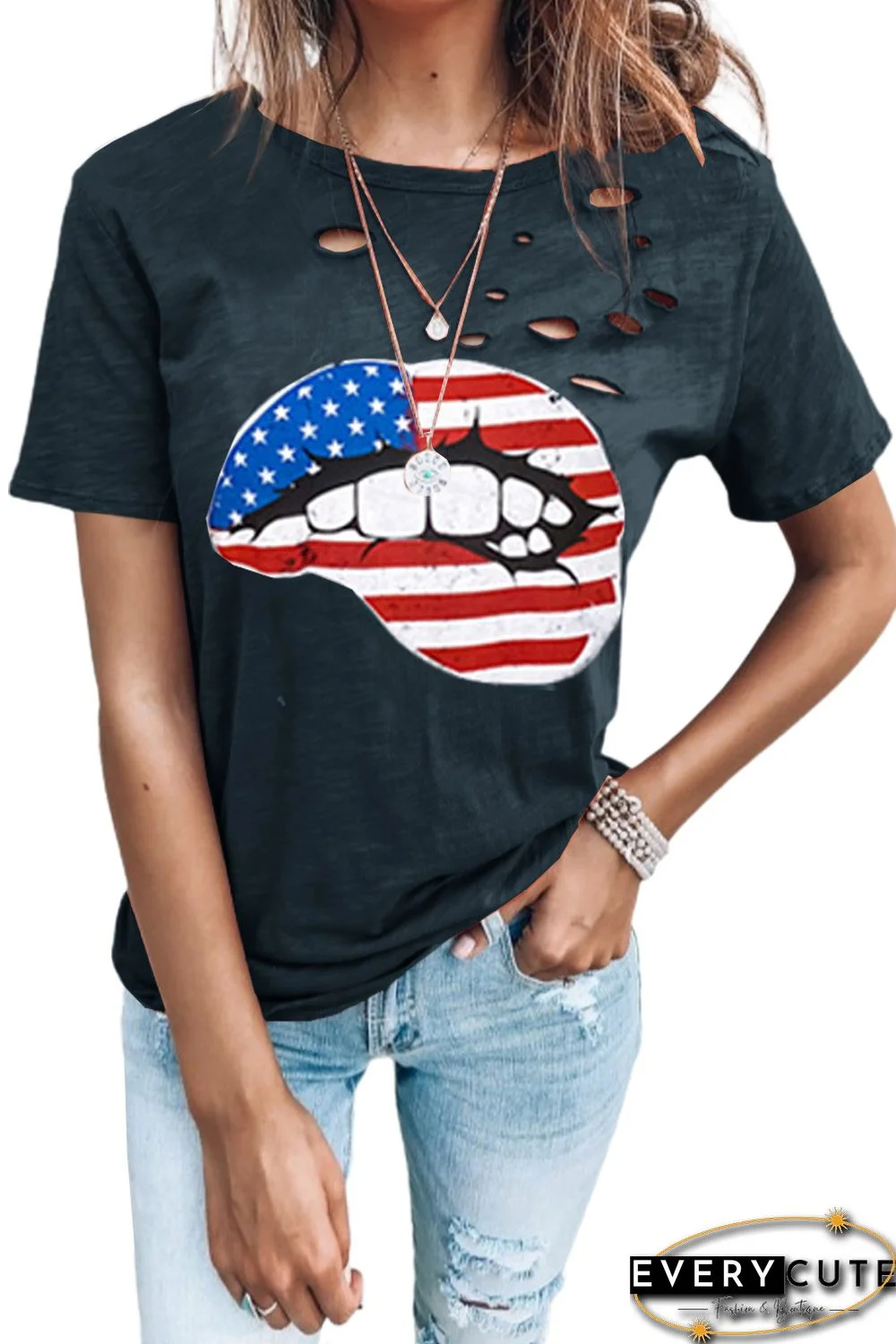 Distressed Crew Neck Flag Element Lip Graphic T-shirt