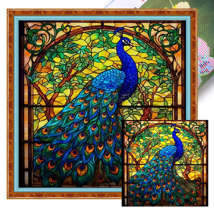 【Huacan Brand】Glass Art- Peacock 14CT Stamped Cross Stitch 40*40CM