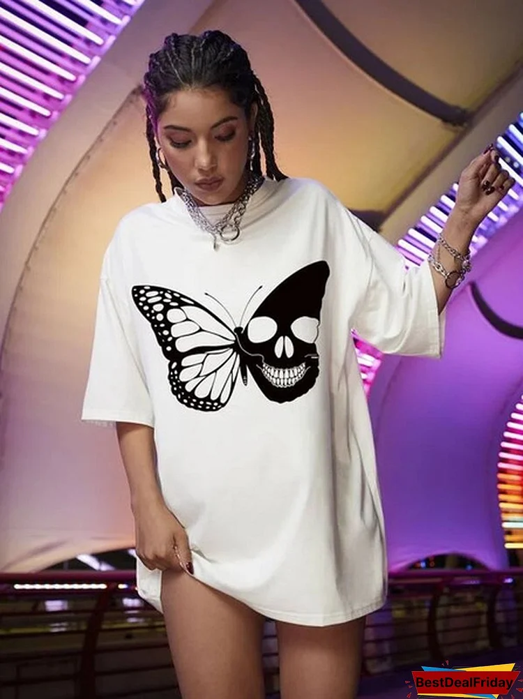 Half Butterfly Half Skeleton Graphic Tee Oversized Tumblr Casual Funny Street Style Hipster T-Shirt Women
