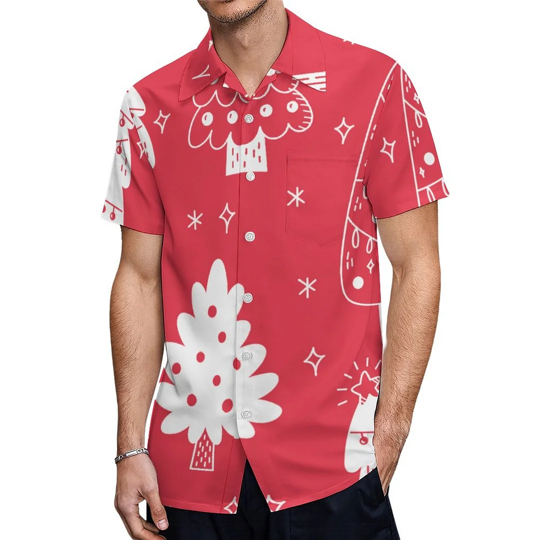 Short Sleeve Red White Festive Christmas Tree Hawaiian Shirt Mens Button Down Plus Size Tropical Hawaii Beach Shirts