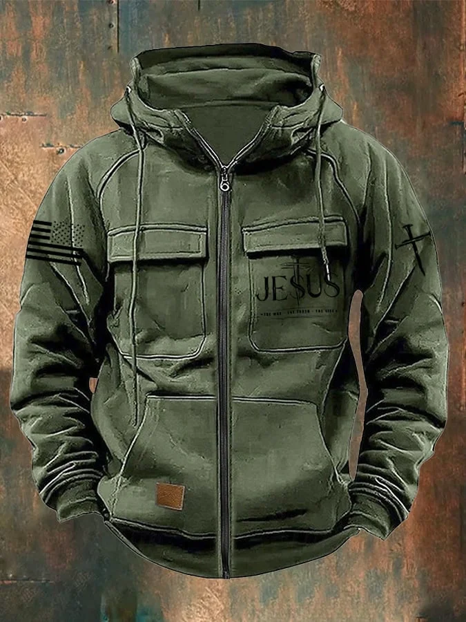Men's Vintage Jesus The Way The Truth The Life Print Multi-Pocket Jacket