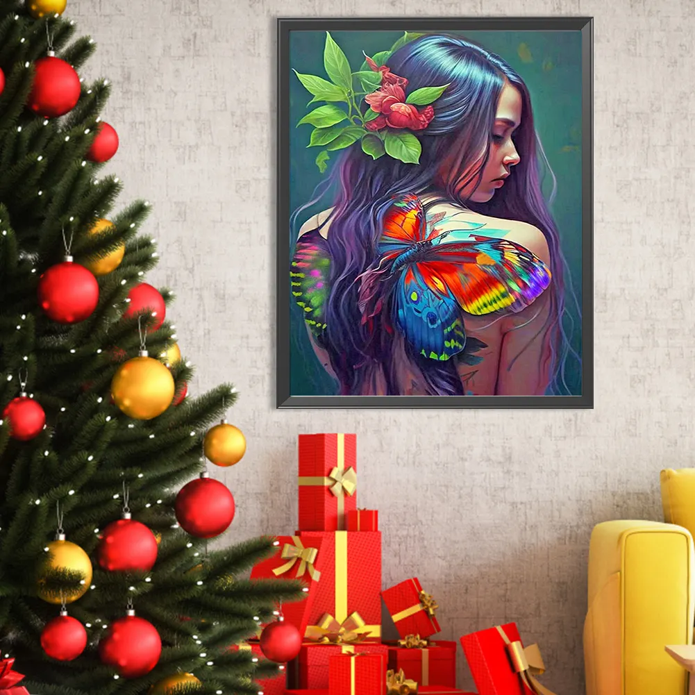Full Round Diamond Painting 40*50cm - Girl With Butterfly Painting On Back