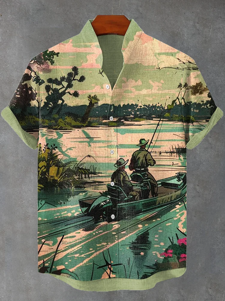 Men's Retro Outdoor Boat Fishing Natural Scenery Art Print Casual Shirt