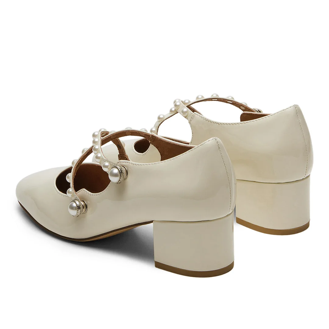 Patent Leather Pearl Embellished Strappy Block Heel Ivory Mary Janes