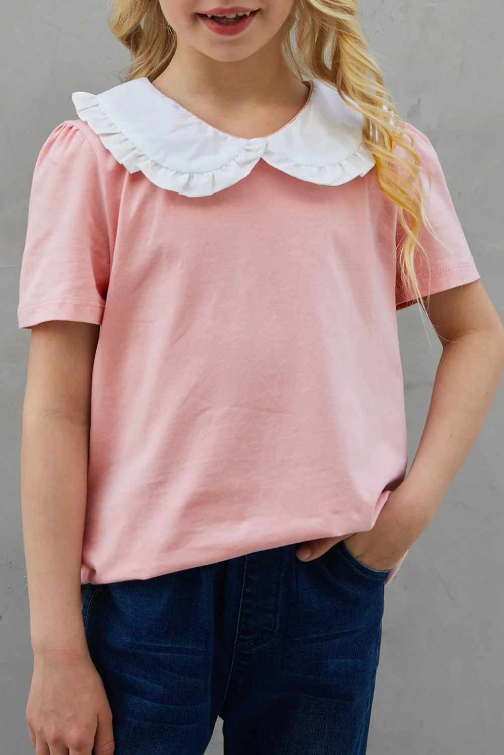 Pink Little Girl Peter Pan Collar Short Sleeve Top | IFYHOME