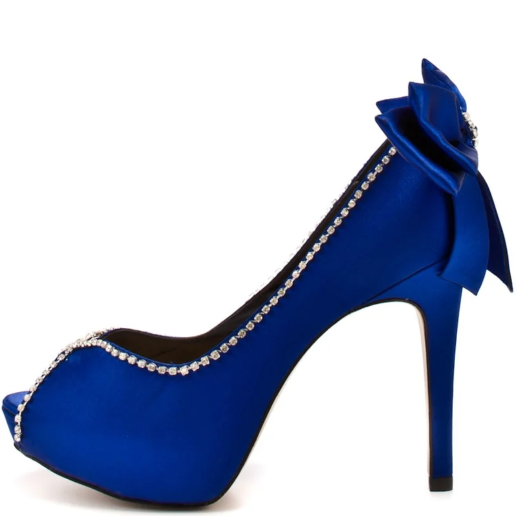 Royal Blue Rhinestone Bow Satin Ankle Strap Pumps Comfortable Mid Heel Wedding Shoes | Size 10