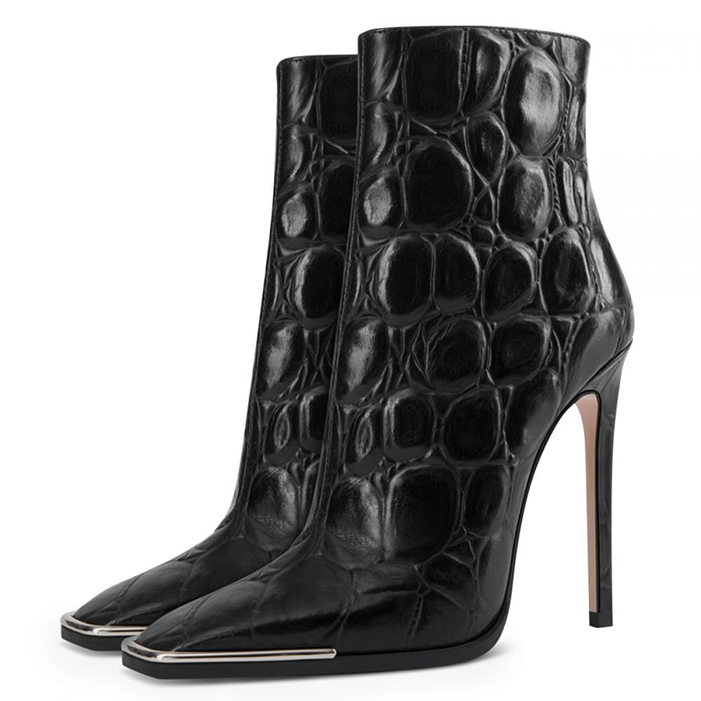 Black Leather Zipper Pointy Toe Stiletto Heel Boots Nicepairs