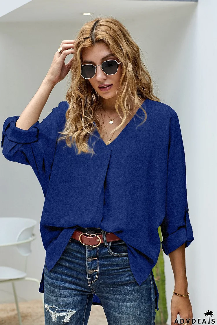 Elegant Royal Blue V Neck 3/4 Sleeve High Low Hem Blouse