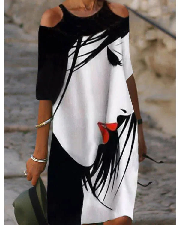 Off The Shoulder Printed Crew Neck Dress