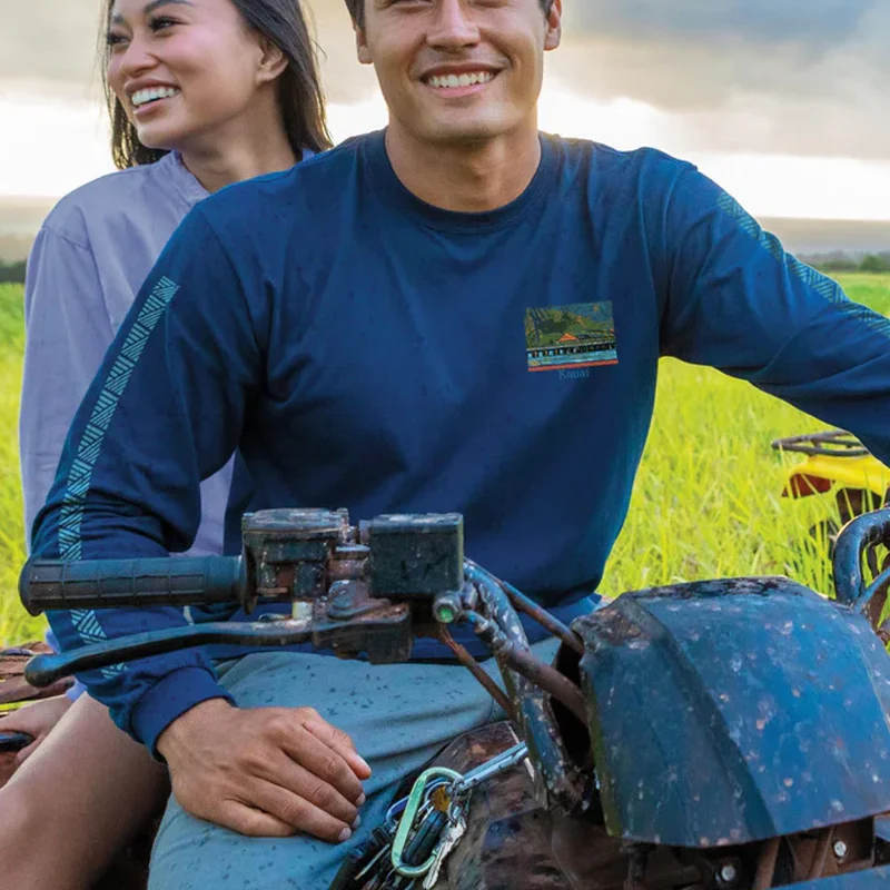 Men's Surfing Long Sleeved Round Neck Seaside Printed T-shirt