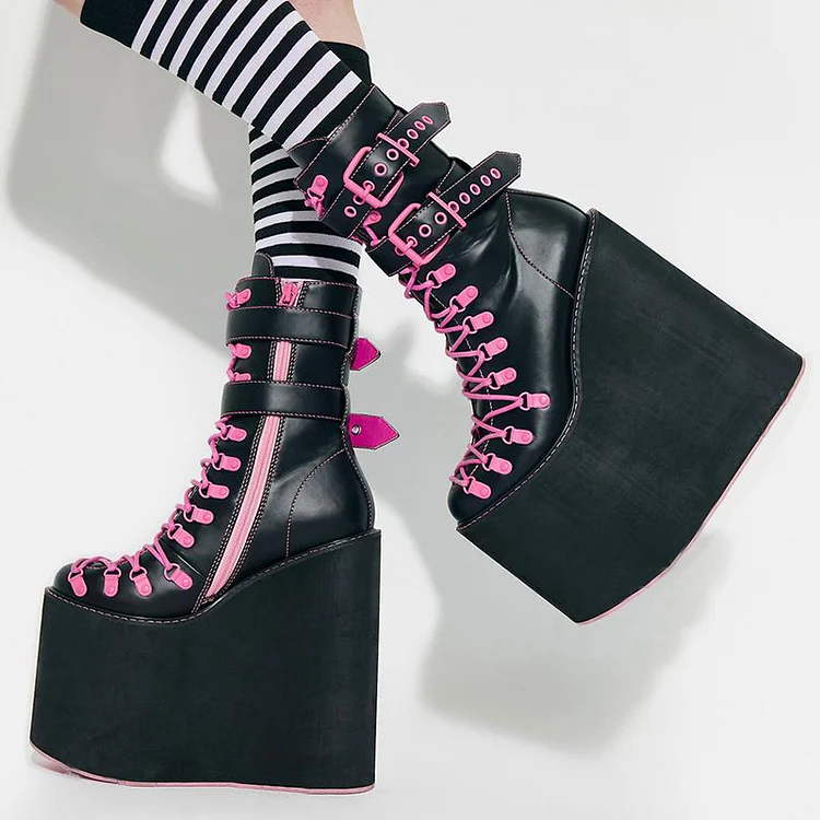 Black & Pink High Heel Wedges Women's Round Toe Lace Up Ankle Boots |FSJ Shoes