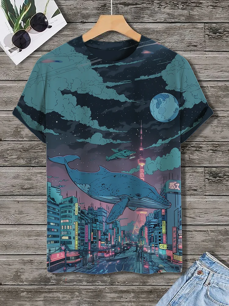 Men's Futurism Sci-Fi Art Whale Print T-Shirt