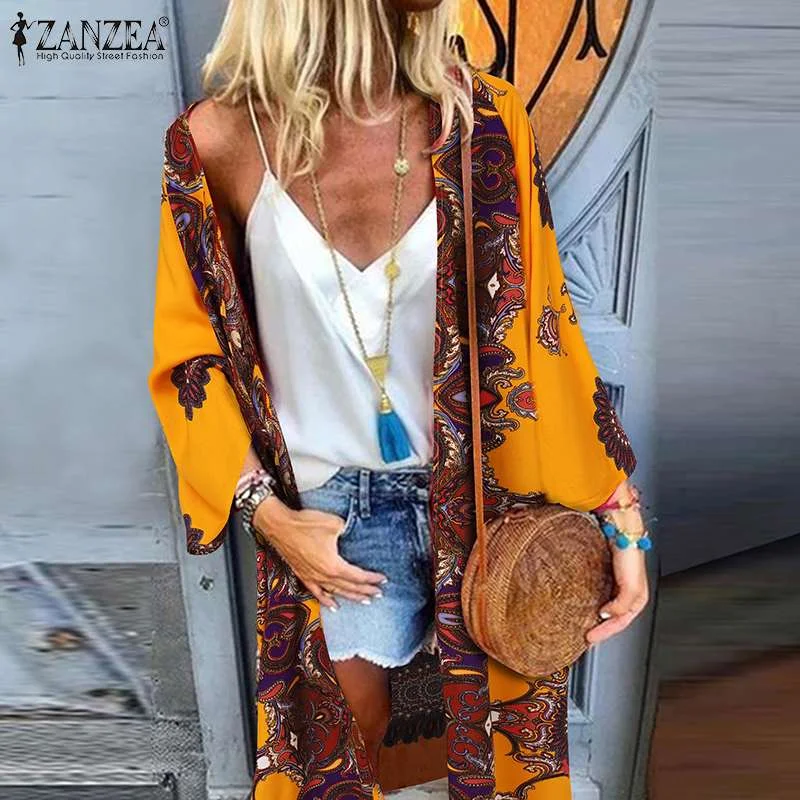 Summer Bohemian Beach Cardigan Women Long Sleeve Floral Blouse Casual Vocation Shirt ZANZEA Long Sleeve Open Front Retro Kimono