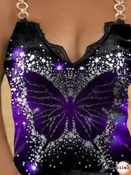 Lace Butterfly Print Casual Tank Tops