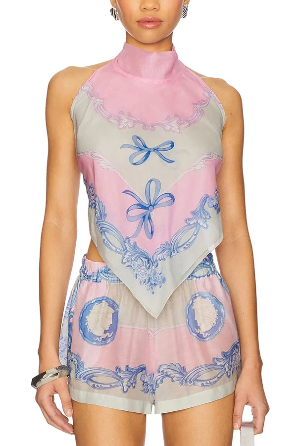 Amalfi Coast Satin Unique Print Scarf Top and Elastic Waist Pocket Loose Shorts Set