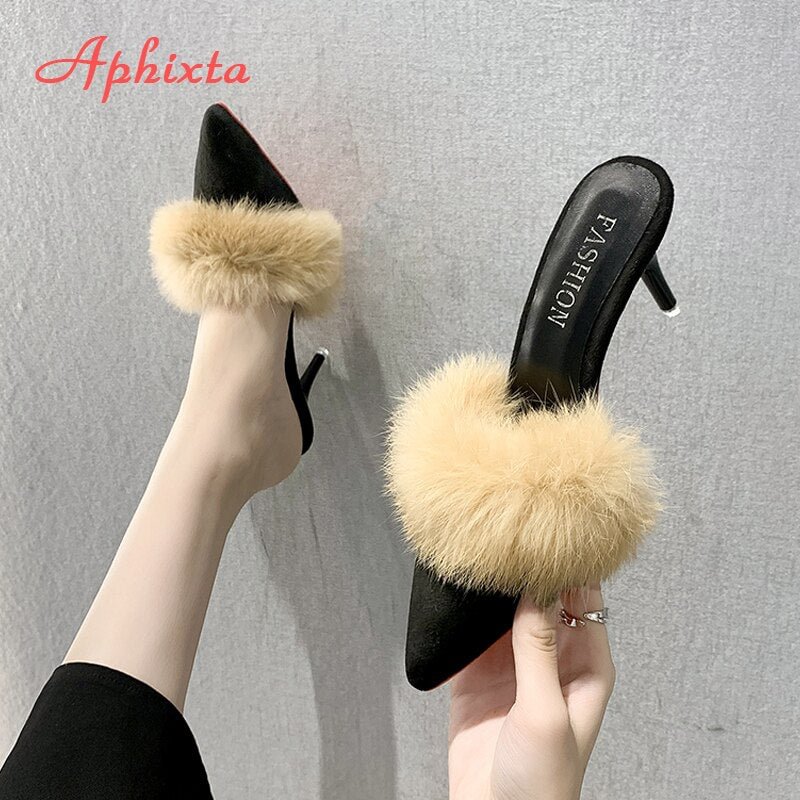 Aphixta New 7CM Heel Real Fur Slides Women Flip Flops Female Thin Heel Shoes Mules Rabbit Animal Hair Pointed Toe Slippers Woman
