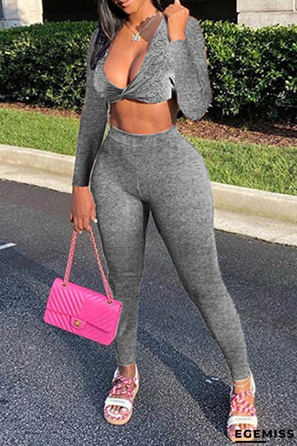 Grey Sexy Solid Patchwork V Neck Long Sleeve Two Pieces | EGEMISS