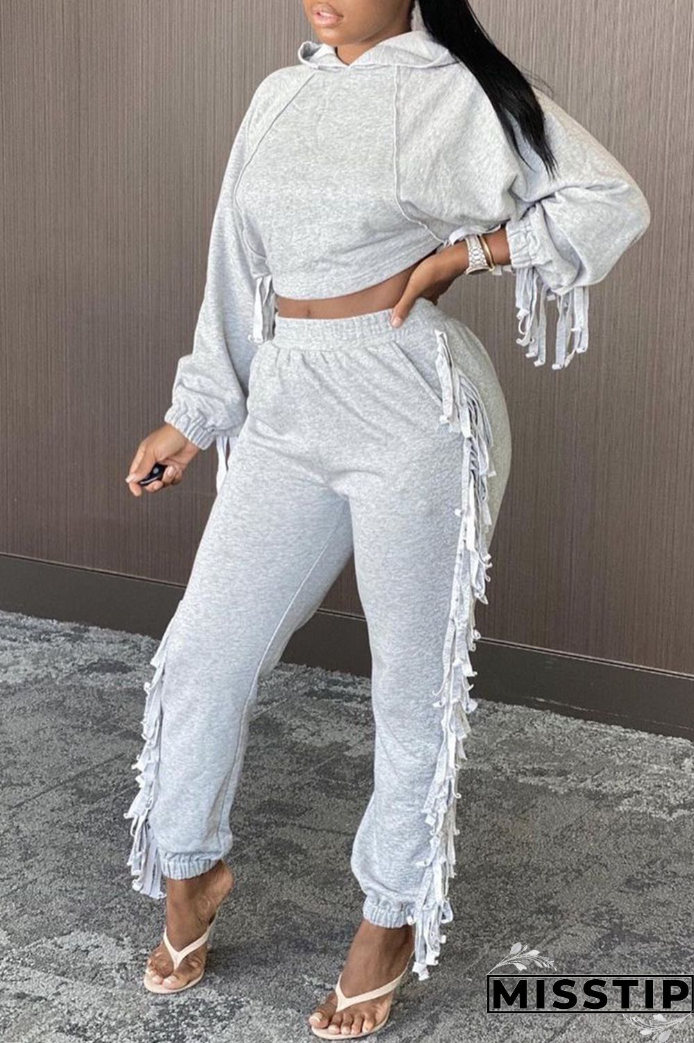 Black Fashion Casual Solid Tassel Hooded Collar Long Sleeve Two Pieces