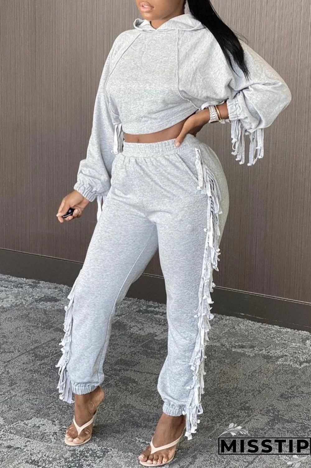 Black Fashion Casual Solid Tassel Hooded Collar Long Sleeve Two Pieces