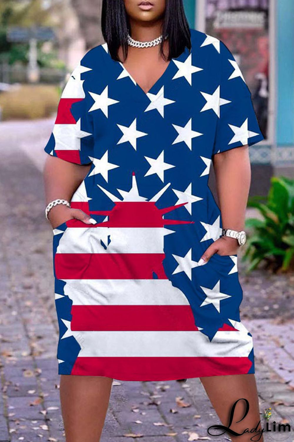 Deep Blue Casual Print Patchwork V Neck Dresses