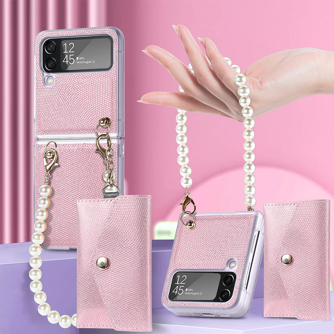 Portable Wallet Leather Phone Case With Pearl Bracelet Lanyard And Detachable Cards Slot For Galaxy Z Flip4