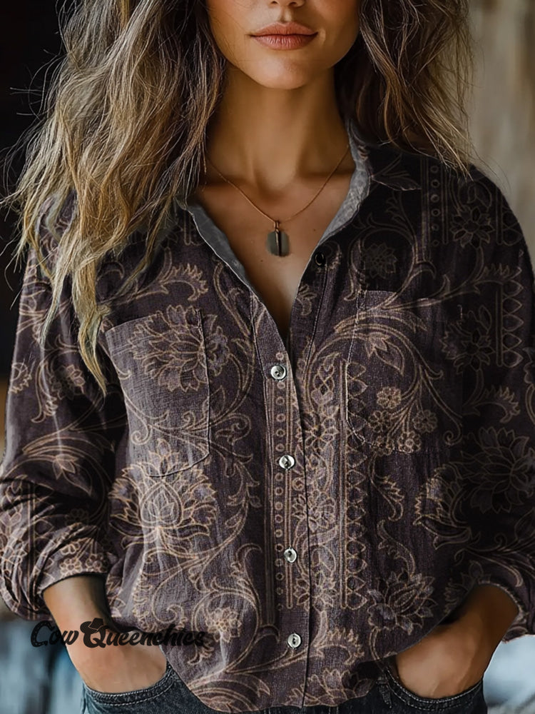 Women’s Vintage Purple Flowers Print Casual Long Sleeve Comfortable Cotton Shirt Multicolor / S