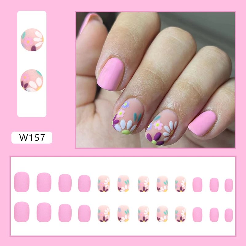Agreedl Pink Matte Flowers Fake Nails With Glue Short Round Flower Design Press On Nails Detachable Full Cover Manicure Tips