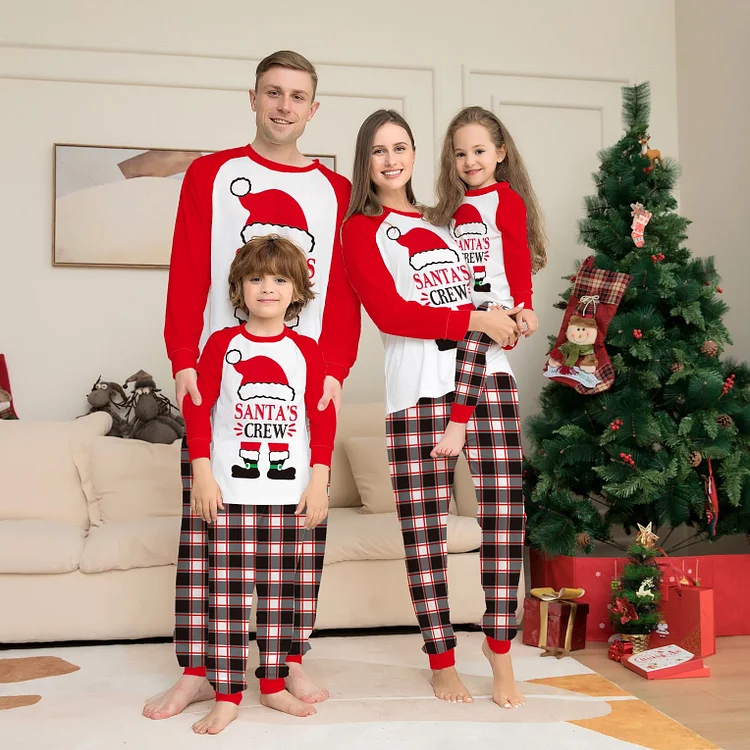 Santa's Crew Christmas Hat Plaid Print Christmas Gamily Pajamas Set