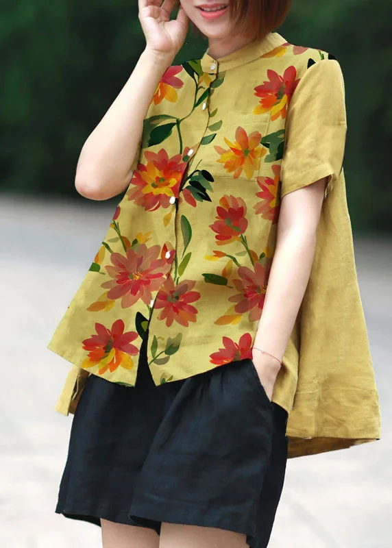 yellow-flower Print Patchwork Linen Top Button Stand Collar Summer