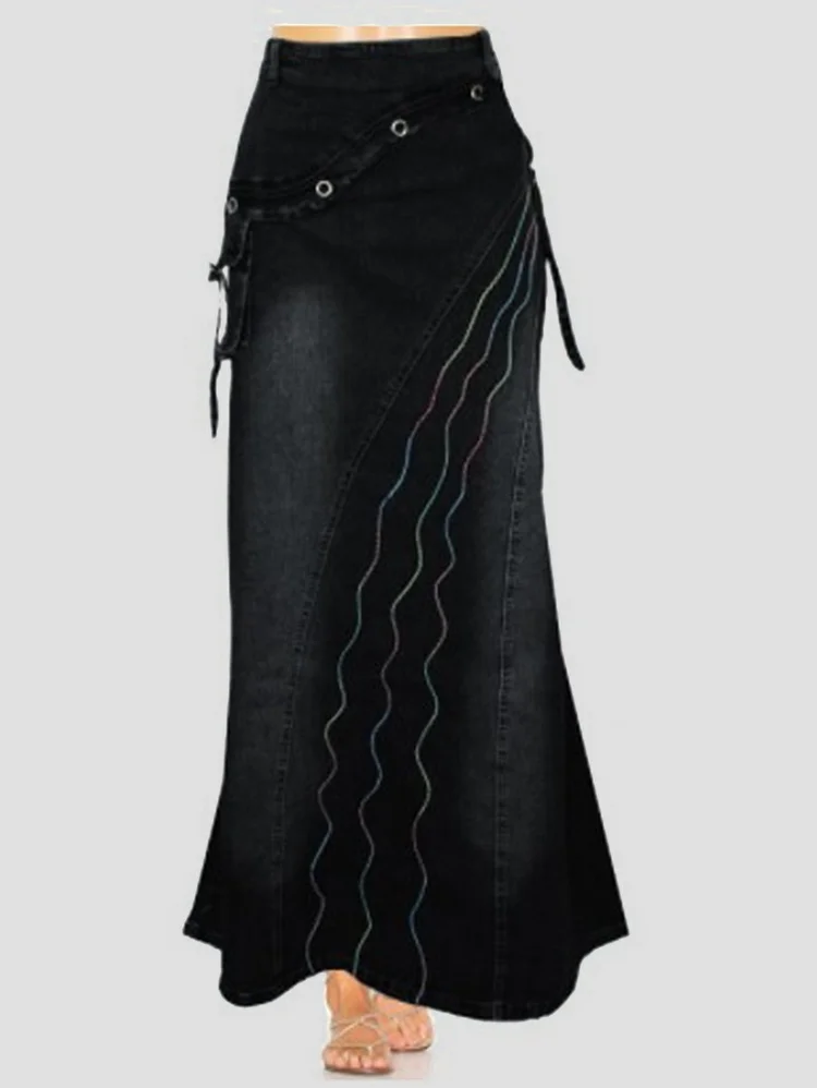 Daily Asymmetric Frayed Denim Quilted Wavy Pattern Fishtail Maxi Skirt