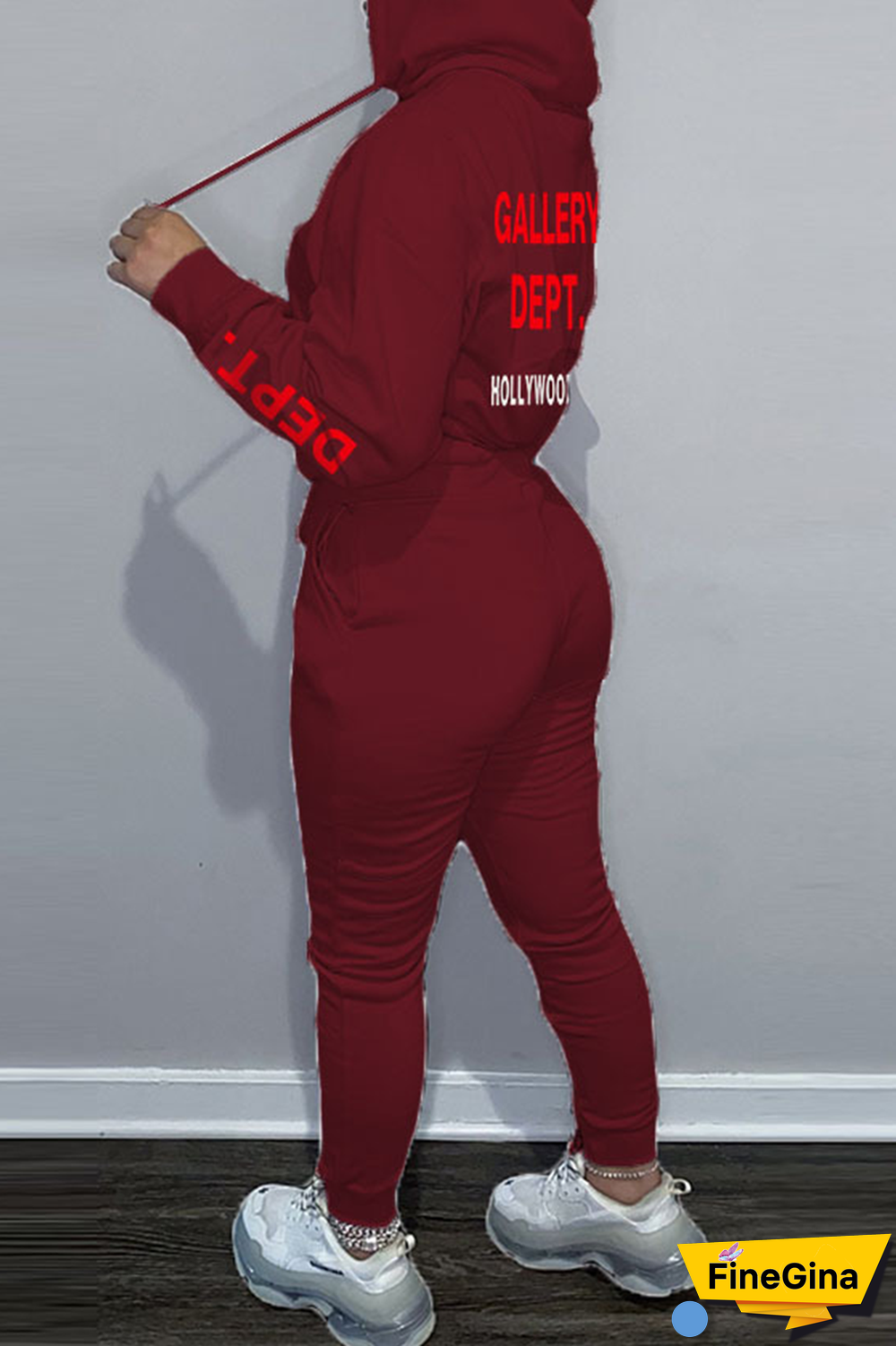 Brown Street Vintage Print Draw String Letter Hooded Collar Long Sleeve Two Pieces