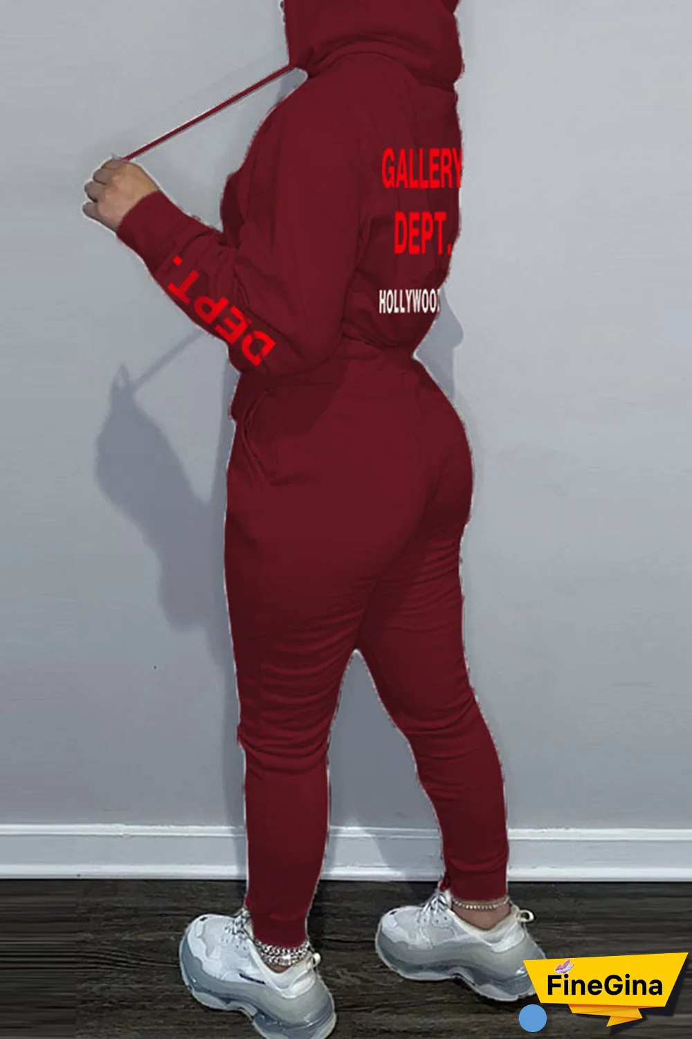 Brown Street Vintage Print Draw String Letter Hooded Collar Long Sleeve Two Pieces