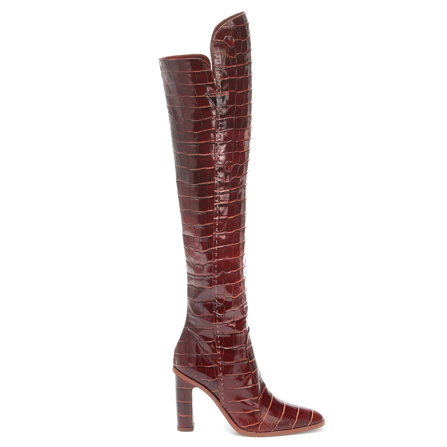 TAAFO Crocodile Embossed Women Modern Boots Square Heels Round Toe Patent Leather Ladies Over-The-Knee Booties Zipper Size 41 42 Shoes