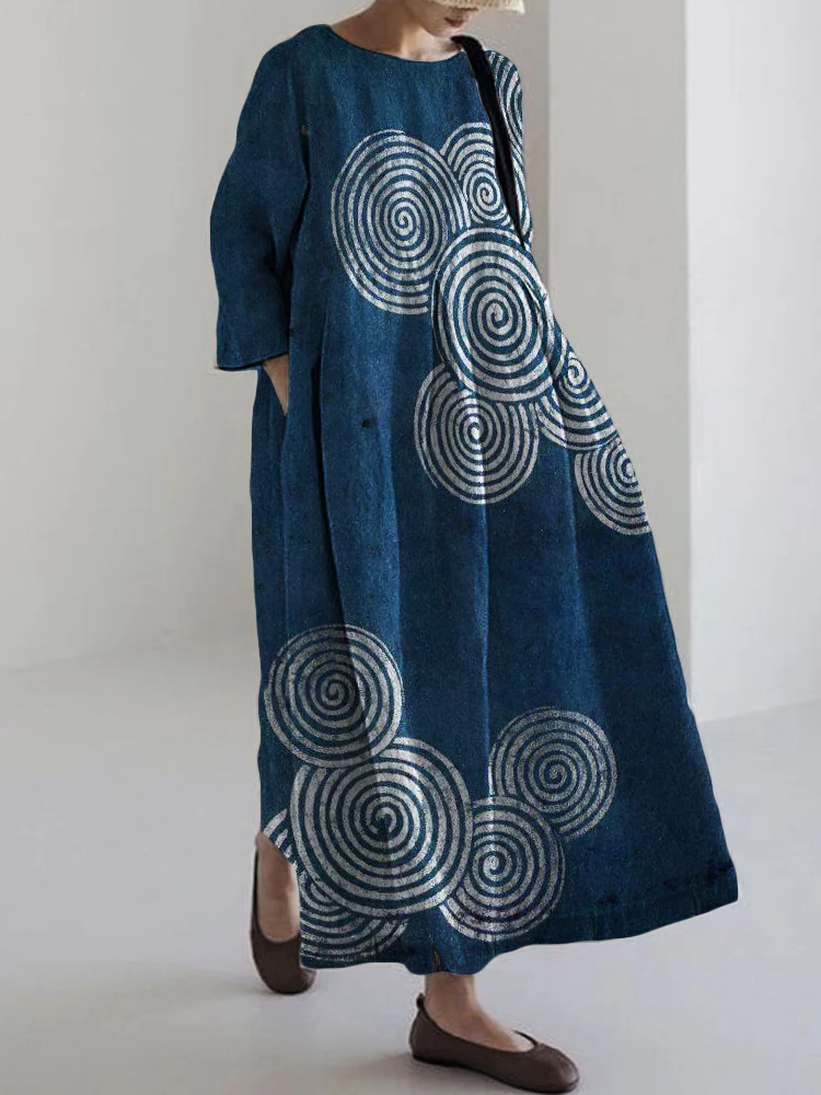 Comstylish Sea Waves Ripples Japanese Lino Art Linen Blend Maxi Dress
