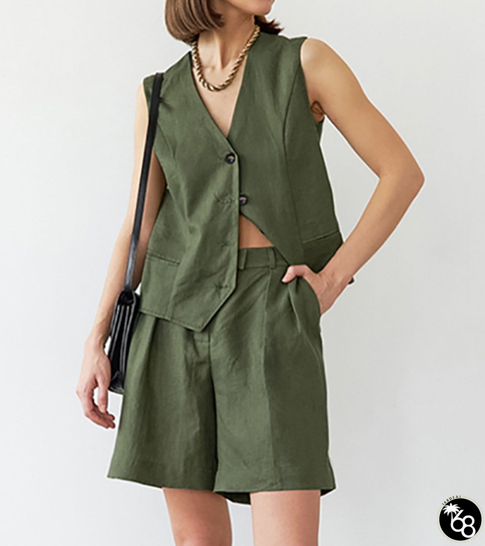 Green Waistcoat Wide-leg Pants Two-piece Set | 168DEAL