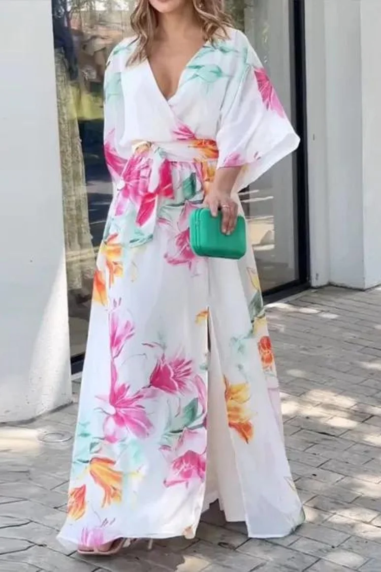 Women's New Fashionable Bat Sleeve Printed Lace-up Loose Casual Suit