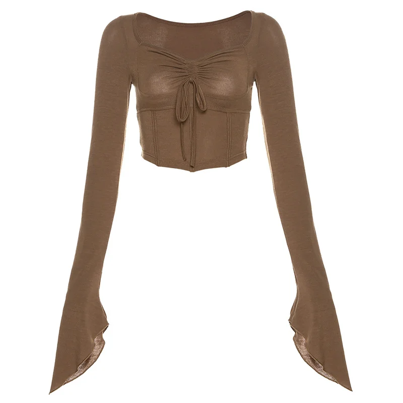 Ueong Ueong 2023 New Women's Solid Color Irregular Sleeve Drawn Pleated Rope Fish Bone Waist Exposed Umbilical T-Shirt