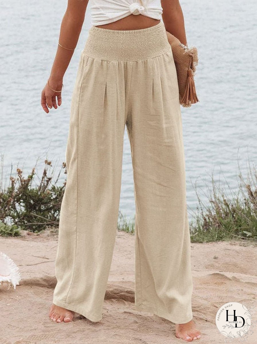 Cozy Co Crinkle Gauze Smocked Waist Wide Leg Side Slit Palazzo Pants