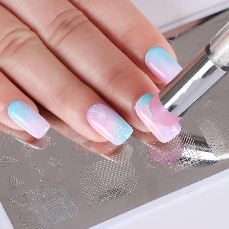 2Pcs/set Nail Stamping Plates Set Silicone Sponge Brush Polish Transfer Stencils Flower Geometry DIY Template for Nail Tools-Nail Inspo