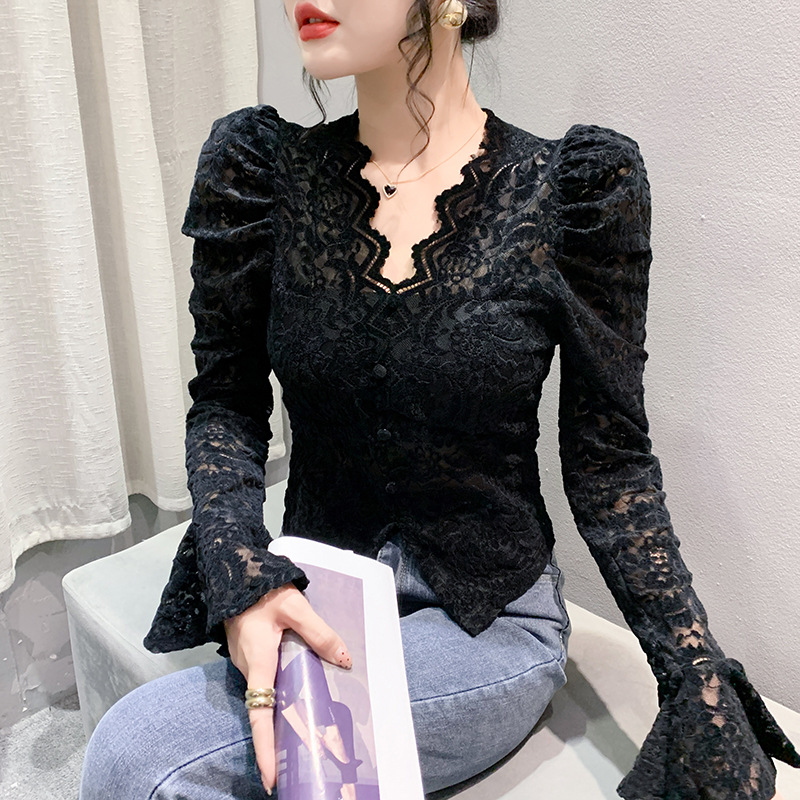 セクシー レース ファッション 長袖 Ｖネック シャツ