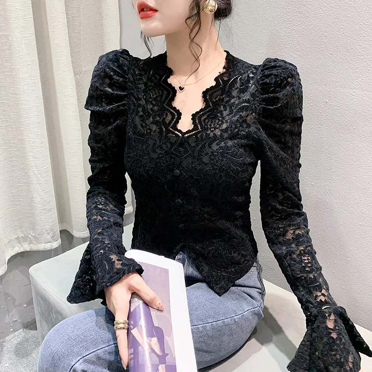 セクシー レース ファッション 長袖 Ｖネック シャツ