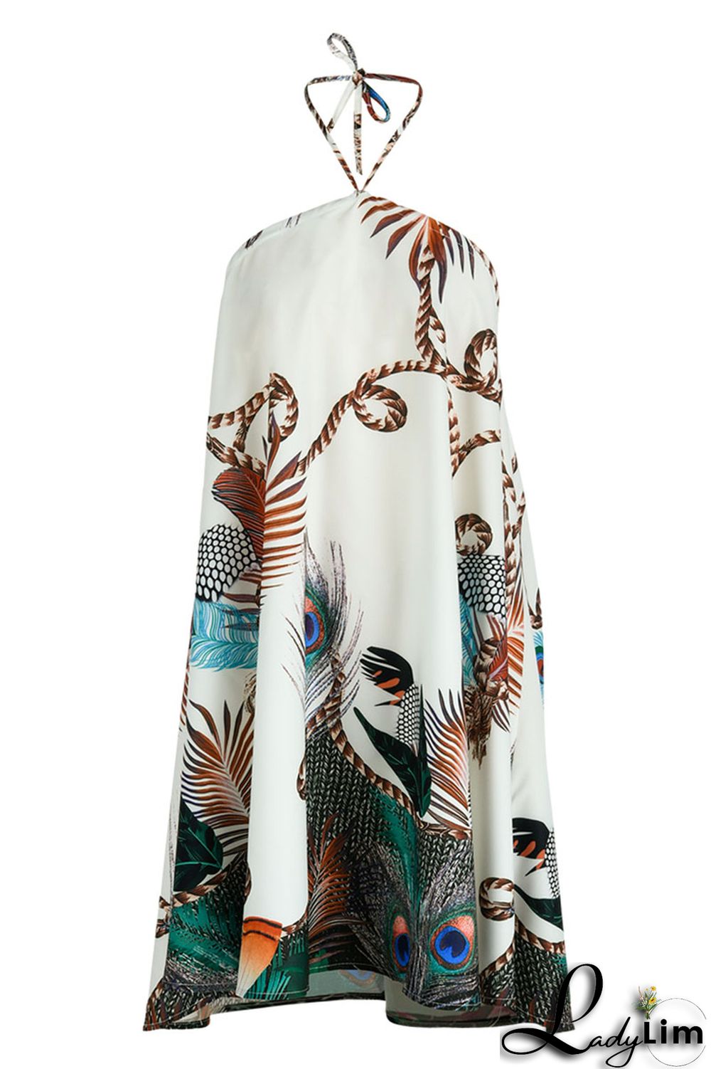 Blue Fashion Casual Print Bandage Backless Halter Sleeveless Dress Dresses