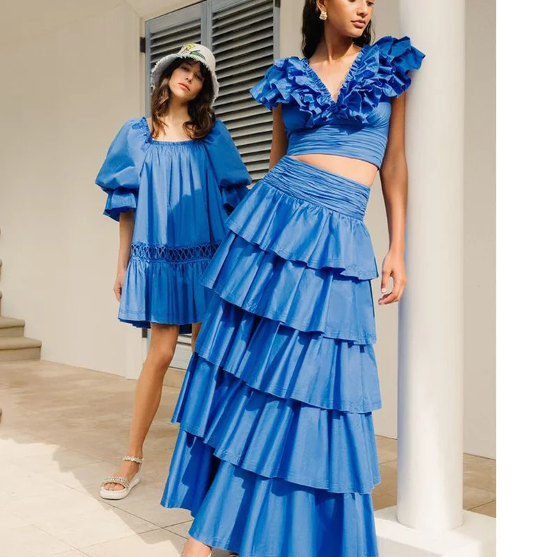 Woherb Woherb Holiday Wind Autumn 2024 New V Collar Fly Sleeve Flounce Stitching Cake Skirt Solid Color Suit-Outfit Ideas