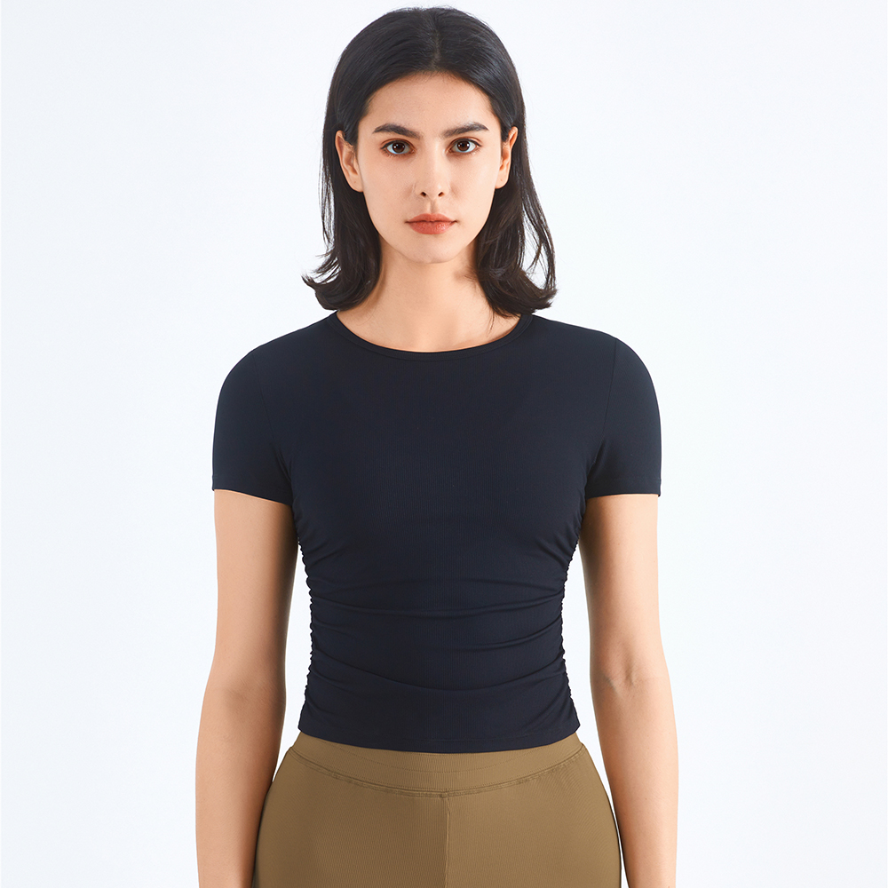 Shop black quick dry ruched side short sleeve comfortable cool workout gym t shirt online on Hergymclothing