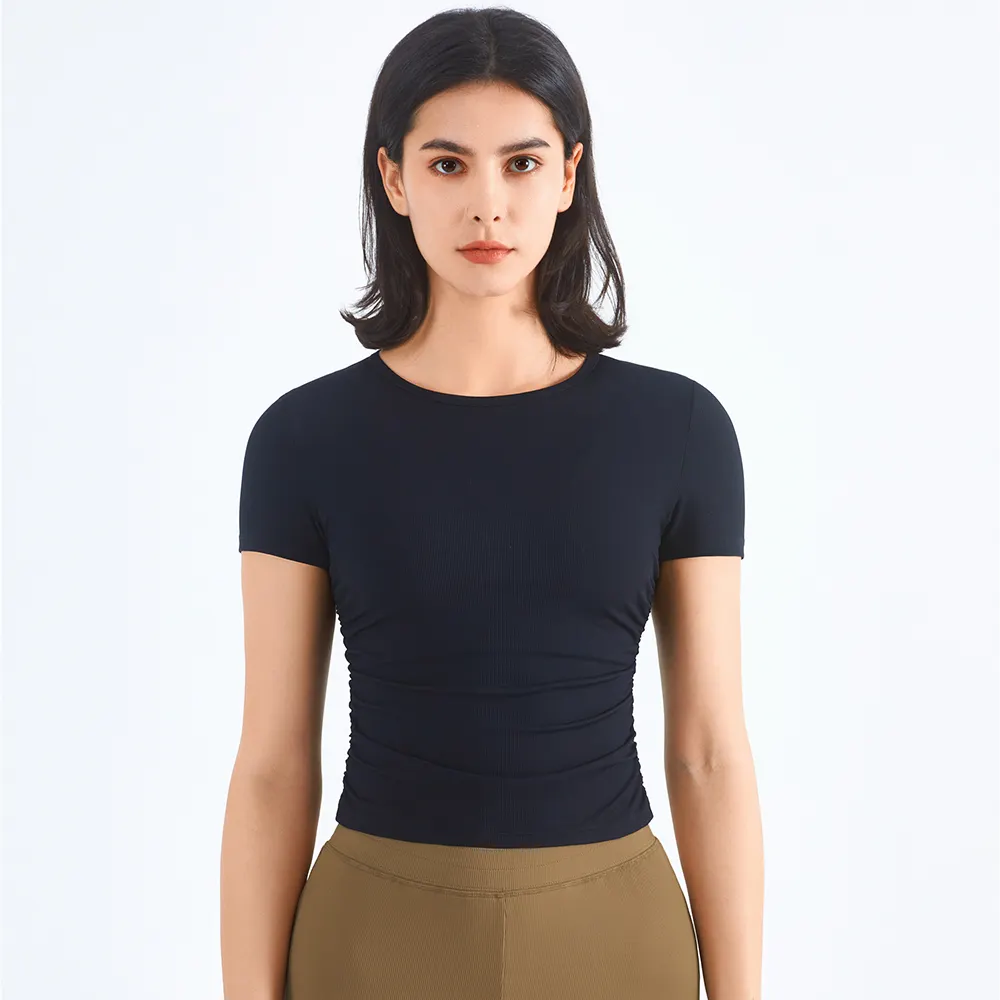 Shop black quick dry ruched side short sleeve comfortable cool workout gym t shirt online on Hergymclothing