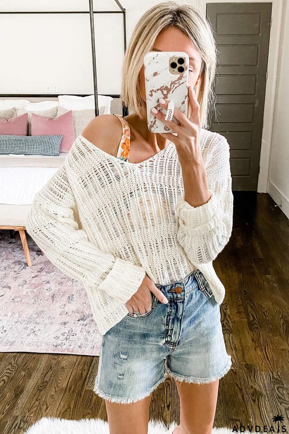 Loose Long Sleeve V Neck Open Knit Sweater
