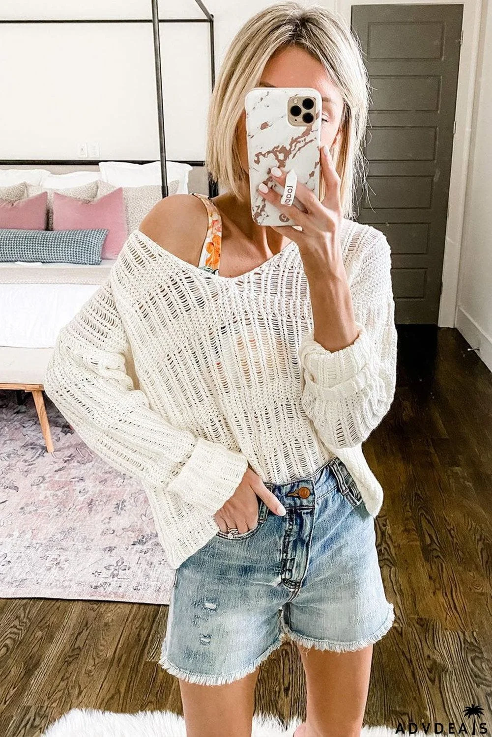 Loose Long Sleeve V Neck Open Knit Sweater